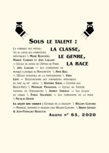 Agone N° 65, 2020 : Sous le talent : la classe, le genre, la race - Buscatto Marie - Cordier Marine - Laillier Joël