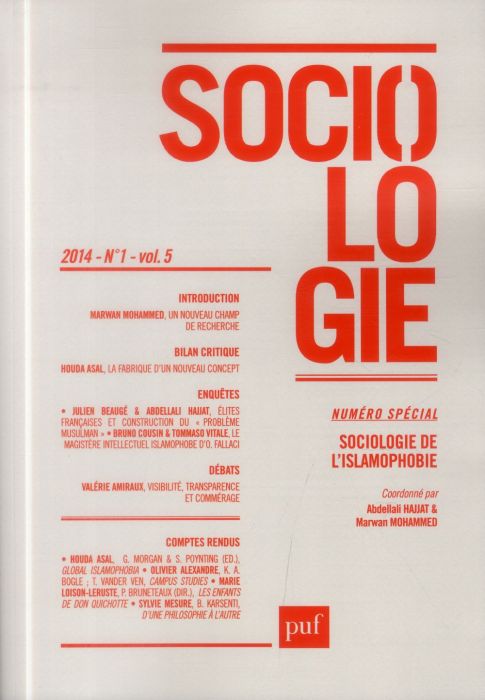 Emprunter Sociologie Volume 5 N° 1/2014 : Sociologie de l'islamophobie livre