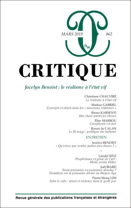 Emprunter Critique N° 862, mars 2019 : Jocelyn Benoist : le réalisme à l'état vif livre