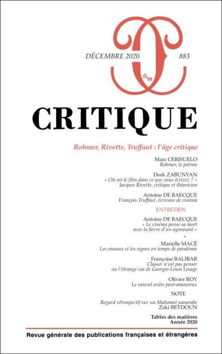 Emprunter Critique N° 883, décembre 2020 : Rohmer, Rivette, Truffaut : l'âge critique livre